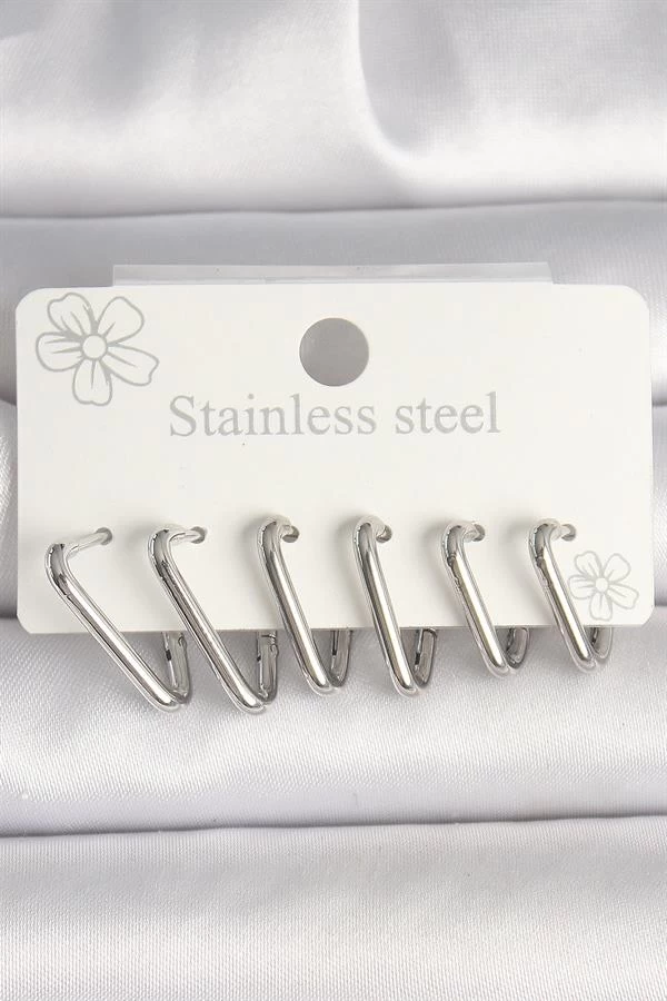 316l Çelik Gümüş Renk Üçgen Model Kadın Küpe Seti