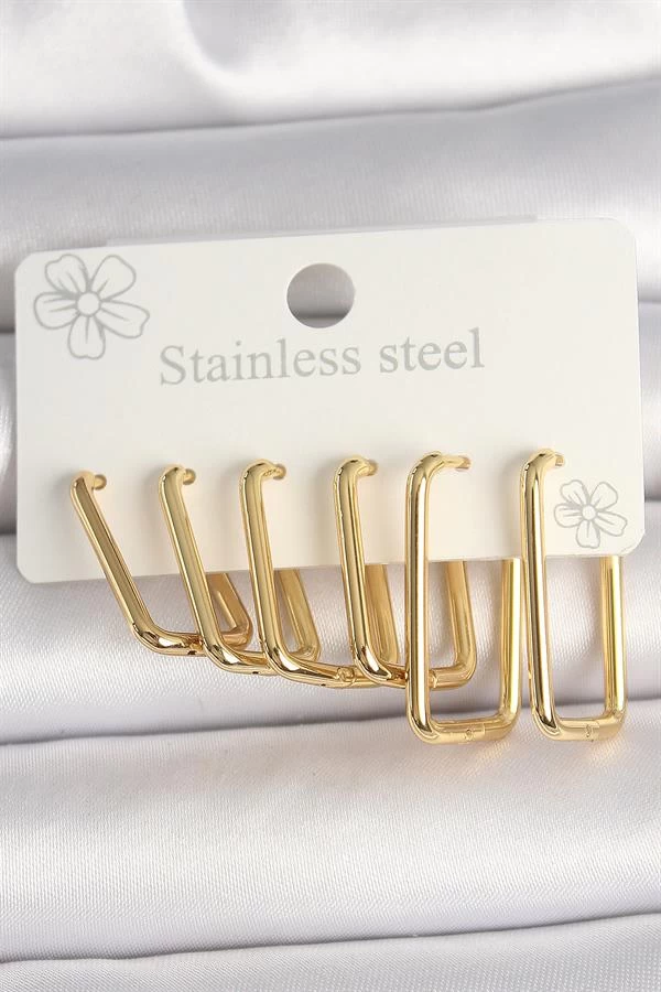 316l Çelik Gold Renk Dikdörtgen Model Kadın Küpe Seti