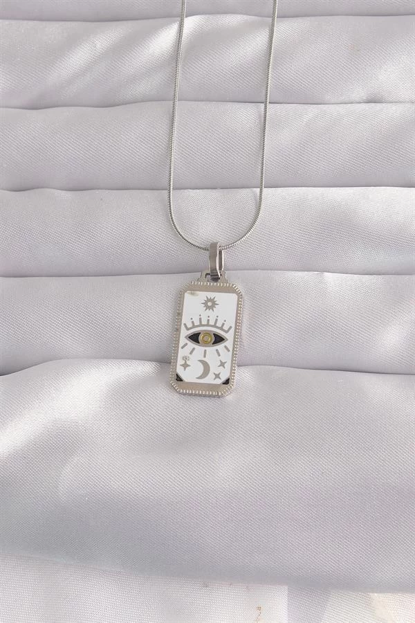 316l Çelik Gümüş Renk Beyaz Mineli Göz Figür Tarot Kolye