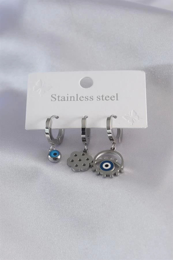 316l Çelik Gümüş Renk Göz Figür Nazar Boncuk Detay Kadın Küpe Kombini