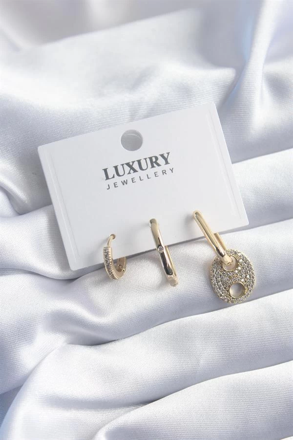 Pirinç Gold Renk Zirkon Taşlı 3'lü Kadın Küpe Seti