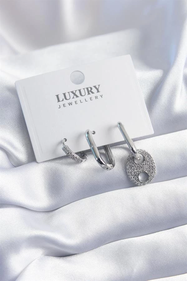 Pirinç Gümüş Renk Zirkon Taşlı 3'lü Kadın Küpe Seti