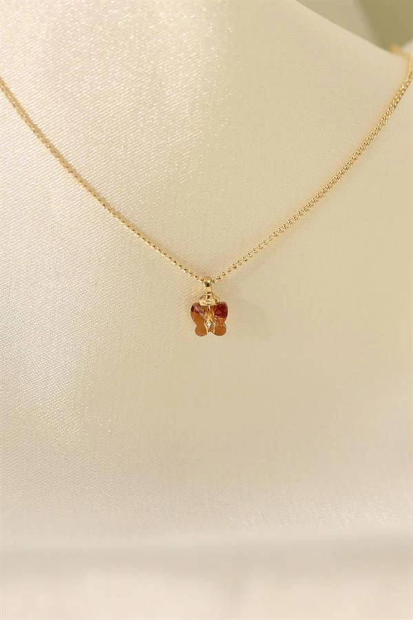 Zirkon Taşlı Mercan Renk Minimal Kelebek Kolye