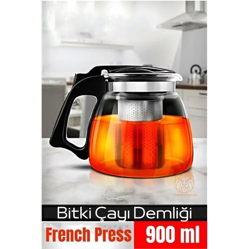 Modacar  Süzgeçli French Press Cam Demlik 900 Ml Bitki Çayı Demliği 