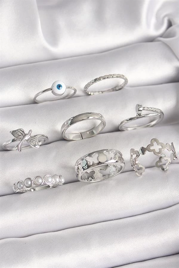 Pirinç Gümüş Renk Nazar Boncuk Detay İncili Kelebek İşlemeli Kadın Yüzük Kombini