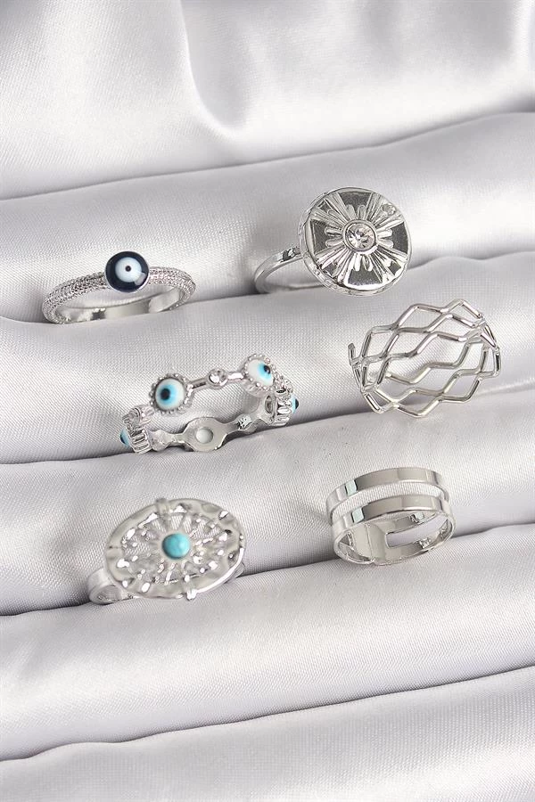 Pirinç Gümüş Renk Nazar Boncuk Zirkon Taş Detaylı Dalga Figür Kadın Yüzük Kombini