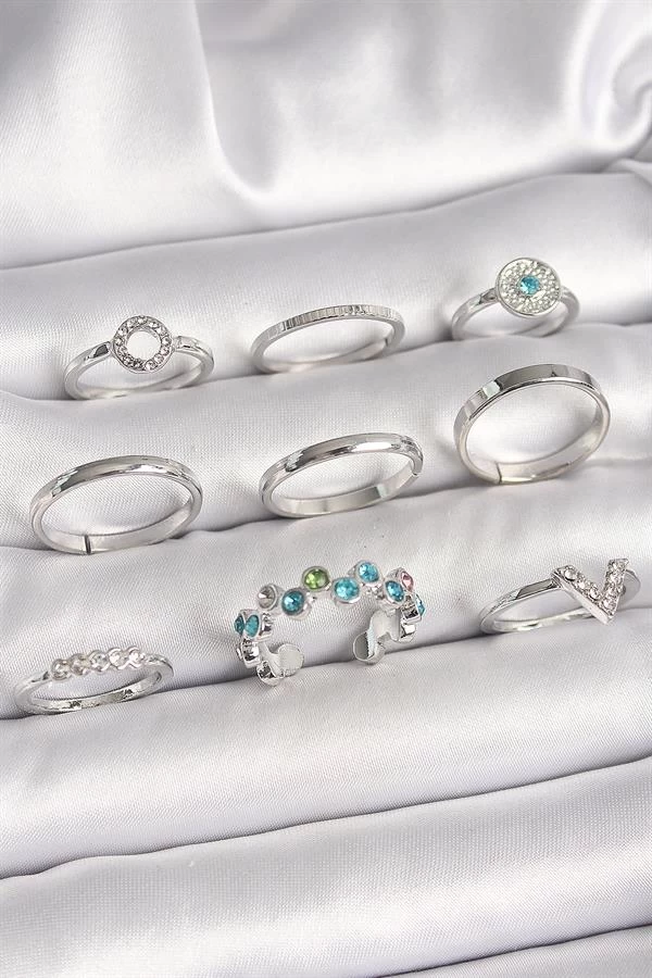 Pirinç Gümüş Renk Renkli Zirkon Taşlı Kadın Yüzük Kombini