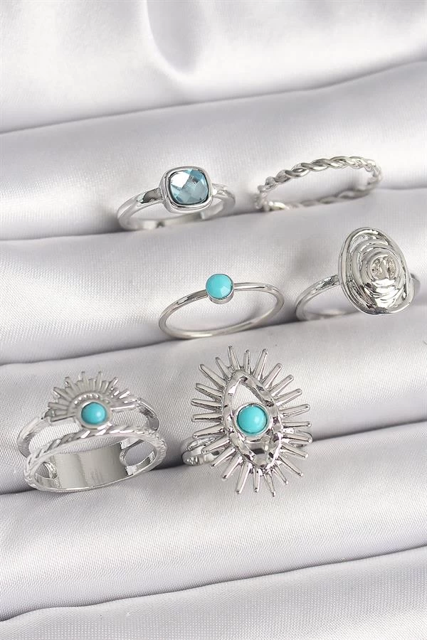 Pirinç Gümüş Renk Mavi Taşlı Kare Zirkon Taş Detaylı Kadın Yüzük Kombini