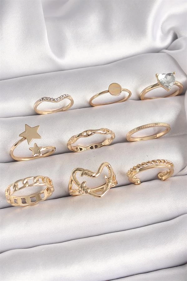 Pirinç Gold Renk Zirkon Taş Detaylı Kalp Yıldız Figür Kadın Yüzük Kombini