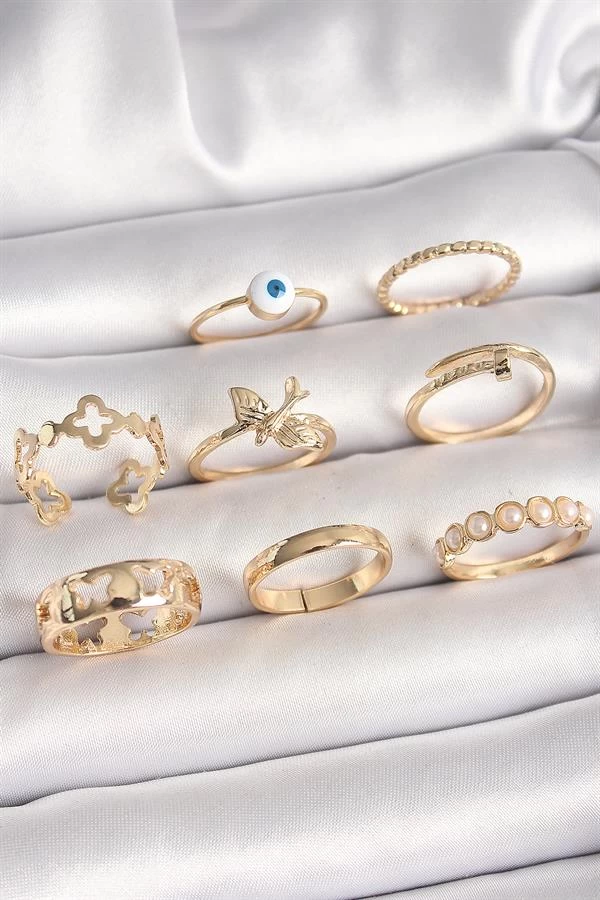 Pirinç Gold Renk Nazar Boncuk Model Kuş Detay Kadın Yüzük Kombini