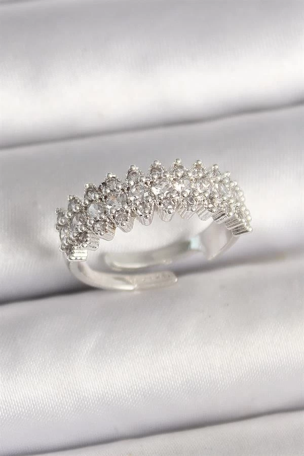 Pirinç Gümüş Renk Zirkon Taşlı Ayarlanabilir Kadın Yüzük