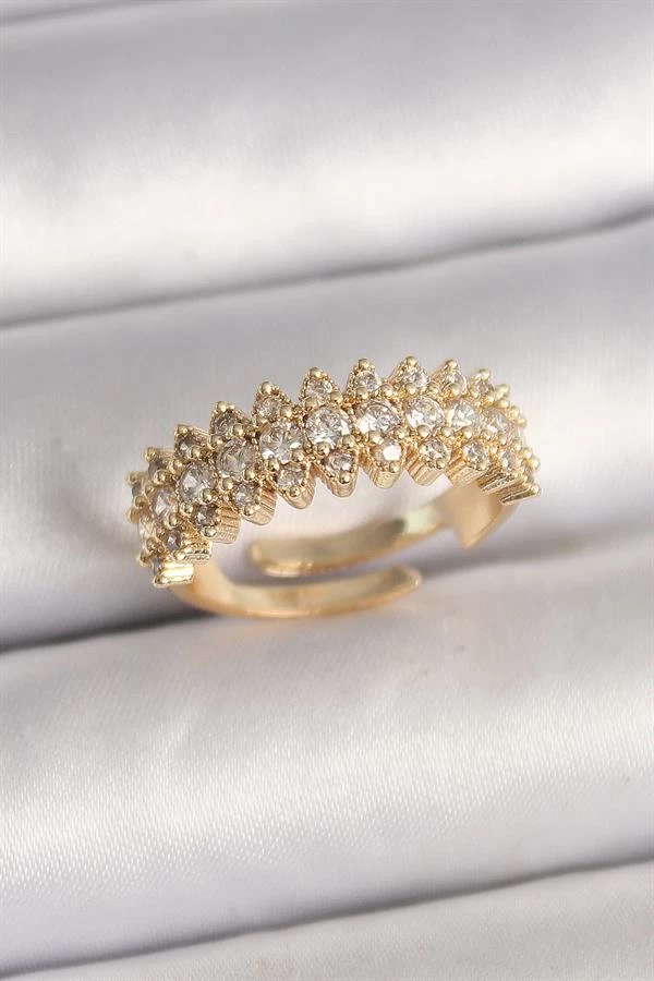 Pirinç Gold Renk Zirkon Taşlı Ayarlanabilir Model Kadın Yüzük