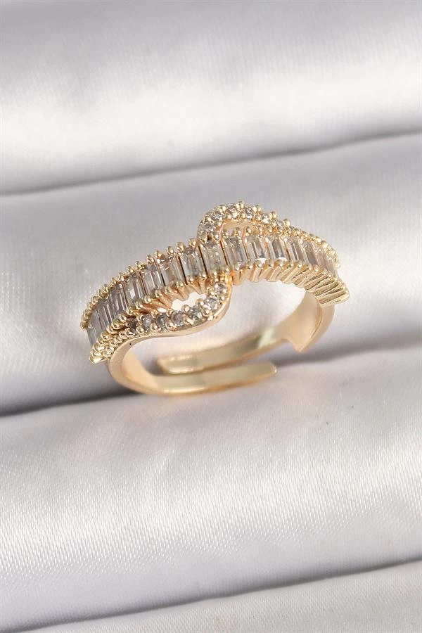 Pirinç Gold Renk Su Yolu Zirkon Taşlı Ayarlanabilir Model Kadın Yüzük