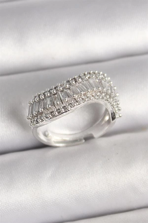 Pirinç Gümüş Renk Su Yolu Zirkon Dalga Model Ayarlanabilir Kadın Yüzük