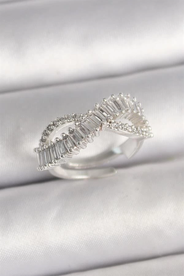 Pirinç Gümüş Renk Su Yolu Zirkon Taşlı Sonsuzluk Model Ayarlanabilir Kadın Yüzük