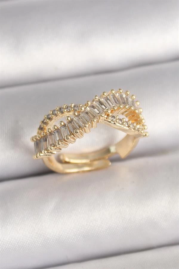Pirinç Gold Renk Su Yolu Zirkon Taşlı Sonsuzluk Model Ayarlanabilir Kadın Yüzük