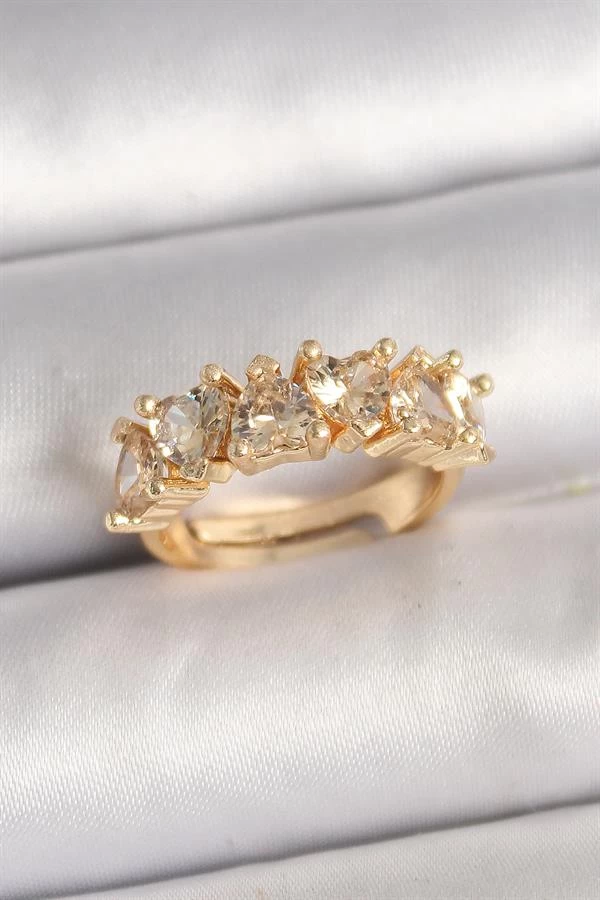 Pirinç Gold Renk Zirkon Taşlı Kalp Model Ayarlanbilir Kadın Yüzük