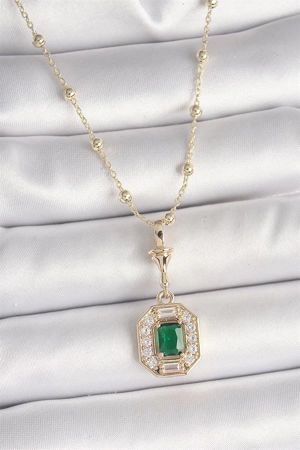 Pirinç Gold Renk Zirkon Taşlı Topçuk Zincir Serenay Model Kadın Kolye