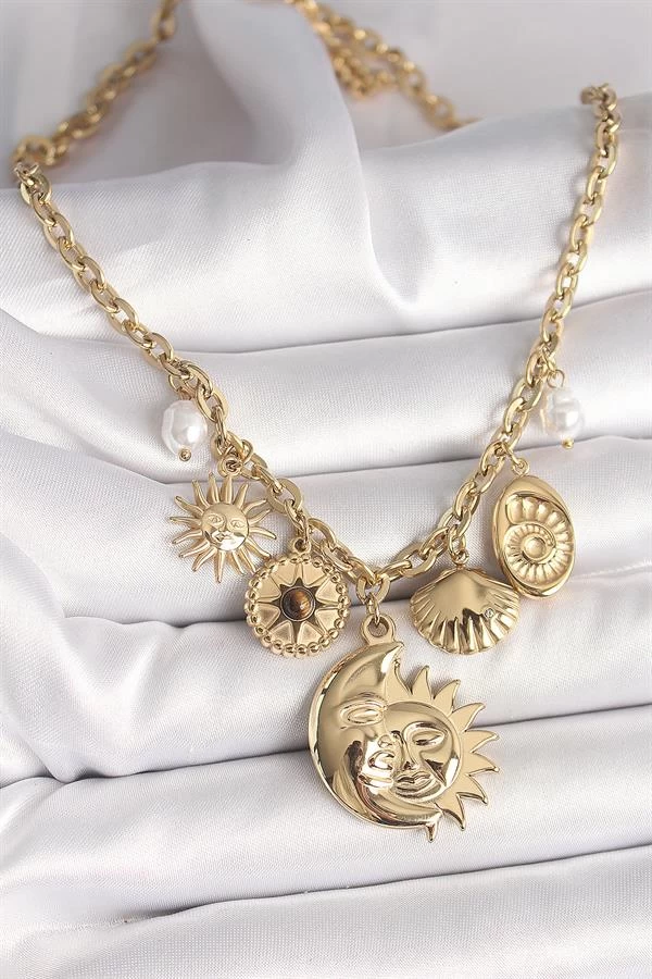 316l Çelik Gold Renk Ay Güneş Figür Deniz Kabuğu Detay Kadın Kolye