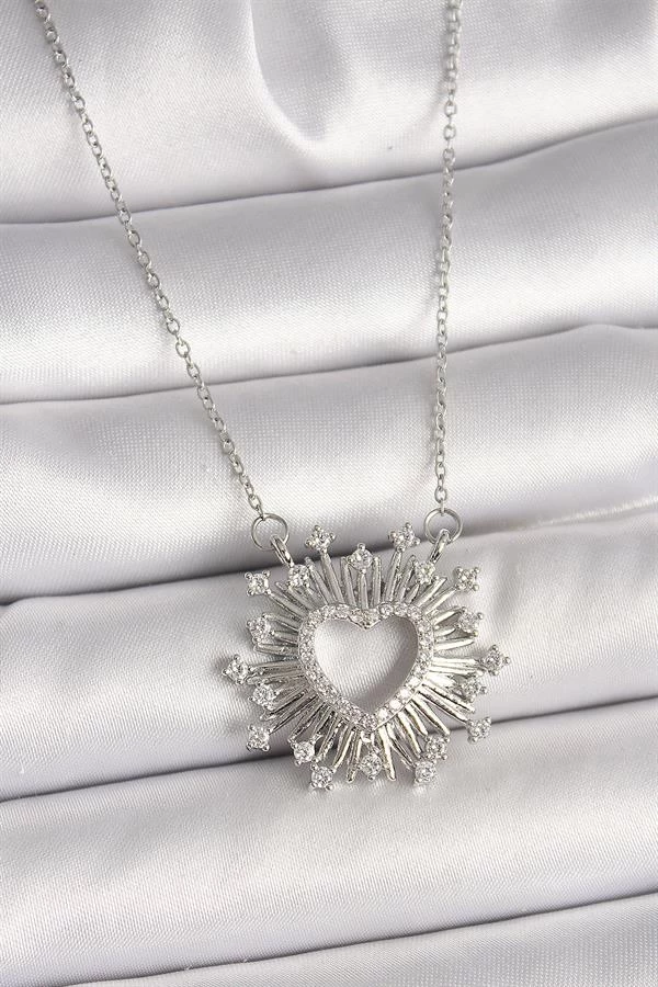 316l Çelik Gümüş Renk Zirkon Taşlı Kalp Model Kadın Kolye