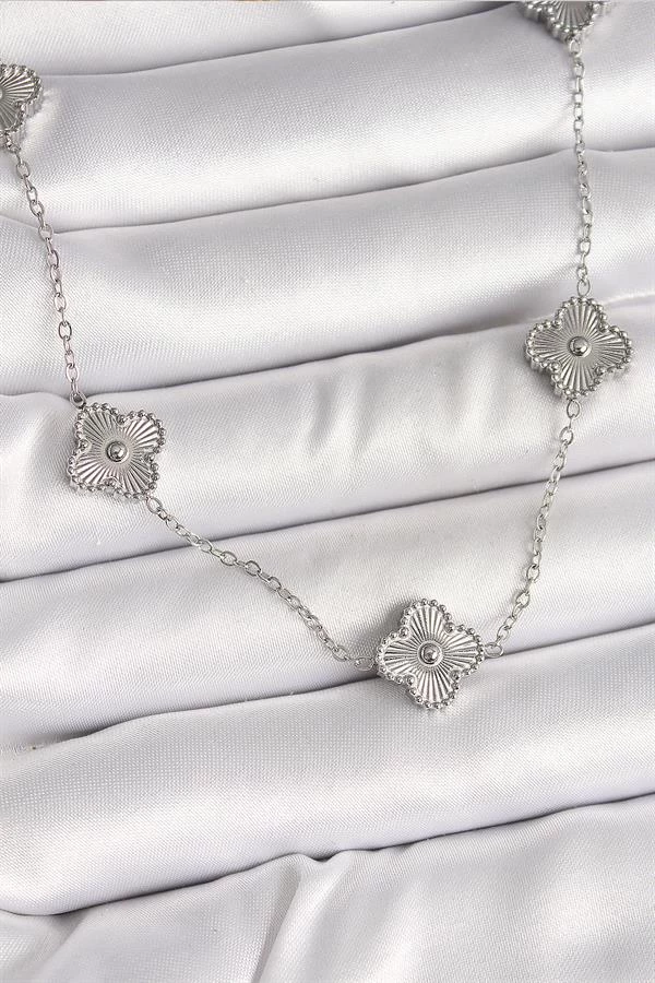 316l Çelik Gümüş Renk Zincir İşlemeli Yonca Model Kadın Kolye