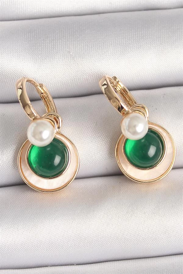 Pirinç Gold Renk Beyaz Yeşil Sallantı Mineli Kadın Küpe