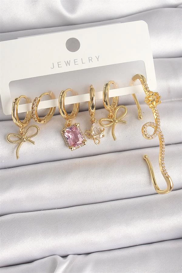 Pirinç Gold Renk Sallantı Kurdele Model Pembe Kare Zirkon Taşlı Kadın Küpe Seti