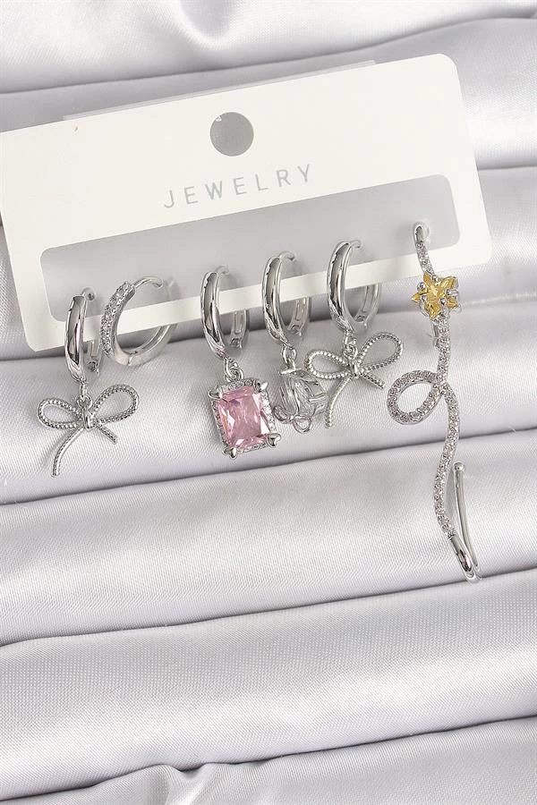 Pirinç Gümüş Renk Sallantı Kurdele Kuyruklu Yıldız Figür Pembe Kare Zirkon Taş Detay Kadın Küpe Seti
