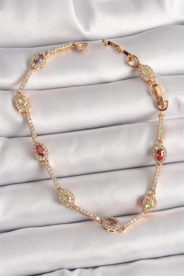 Pirinç Gold Renk Renkli Damla Zirkon Taşlı Kadın Bileklik