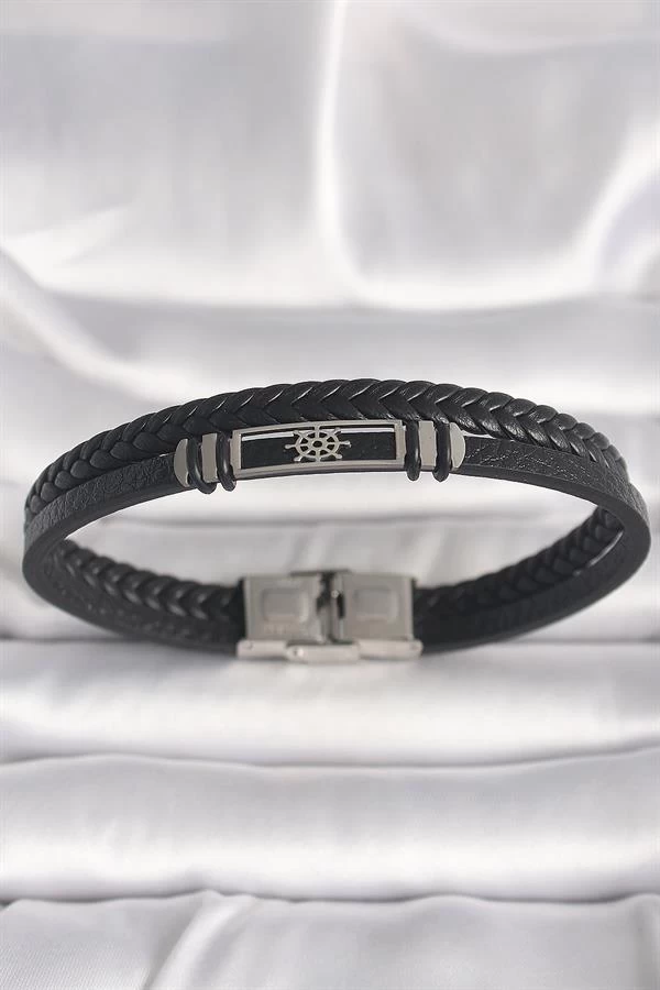 316l Çelik Gümüş Renk Gemi Dümeni Figür Siyah Burgu Deri Kordon Model Erkek Bileklik