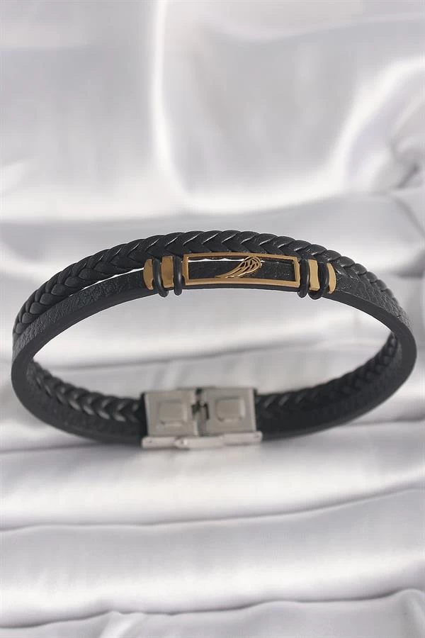 316l Çelik Gold Renk Kanat Aksesuarlı Siyah Burgu Model Deri Kordon Erkek Bileklik