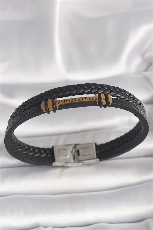 316l Çelik Gümüş Renk Aksesuarlı Çift Sıra Siyah Burgu Desen Deri Kordon Erkek Bileklik