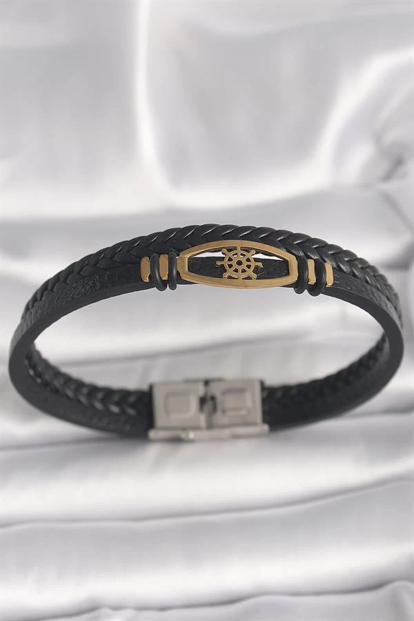 316l Çelik Gold Renk Gemi Dümen Figür Siyah Renk Çift Sıra Burgu Desenli Deri Kordon Erkek Bileklik