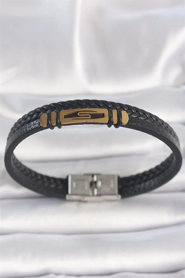 316l Çelik Gold Renk Aksesuarlı Çift Sıra Siyah Burgu Desenli Deri Kordon Erkek Bileklik