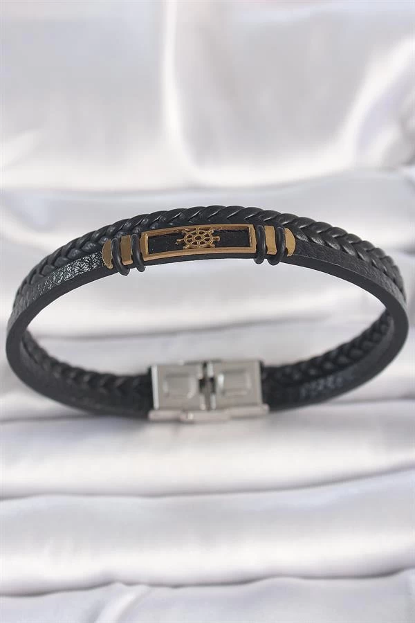 316l Çelik Gold Renk Gemi Dümeni Aksesuarlı Çift Sıra Burgu Desenli Deri Kordon Erkek Bileklik