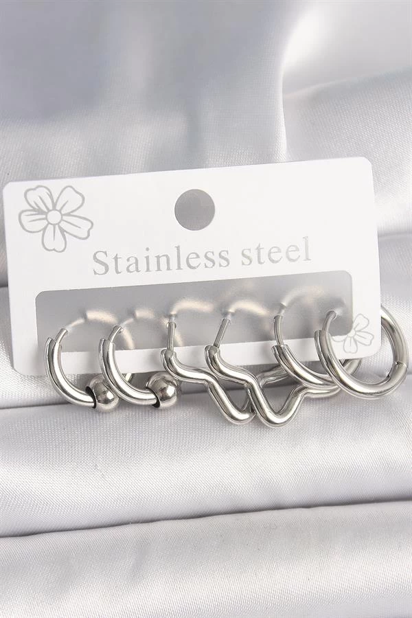 316l Çelik Gümüş Renk Halka Yıldız Model Kadın Küpe Seti