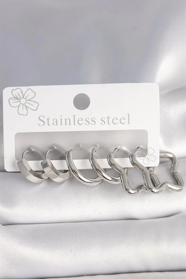 316l Çelik Gümüş Renk Yarım Halka Yıldız Model Kadın Küpe Seti