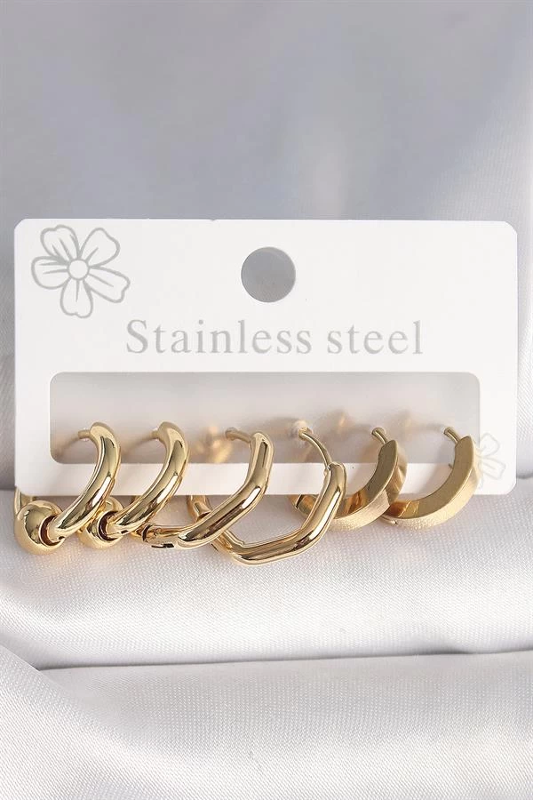 316l Çelik Gold Renk Altıgen Halka Model Kadın Küpe Seti