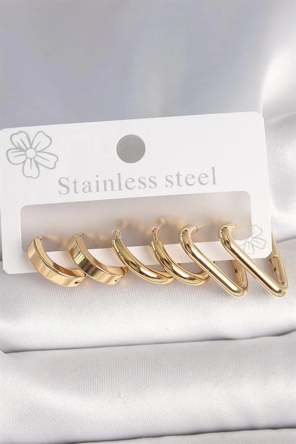 316l Çelik Gold Renk Üçgen Halka Model Kadın Küpe Seti