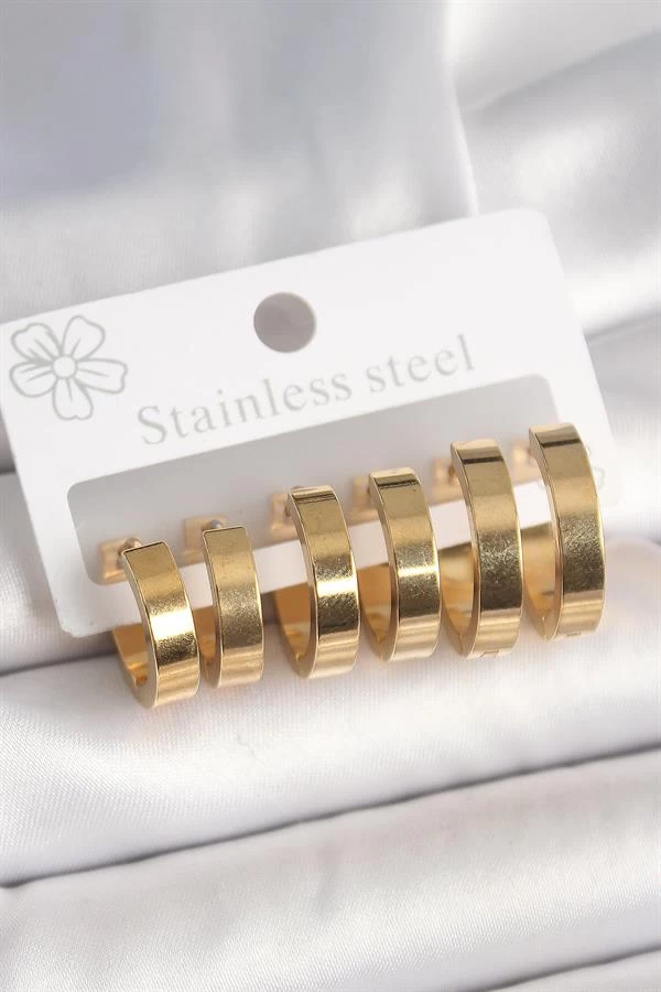 316l Çelik Gold Renk Halka Model Kadın Küpe Seti