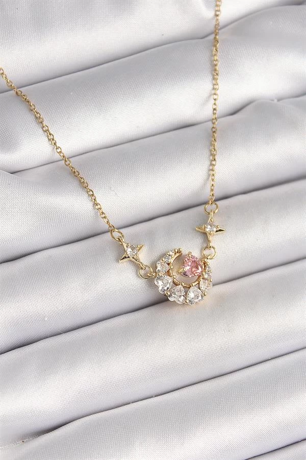 316l Çelik Gold Renk Zirkon Taşlı Hilal Pembe Kalp Model Kadın Kolye