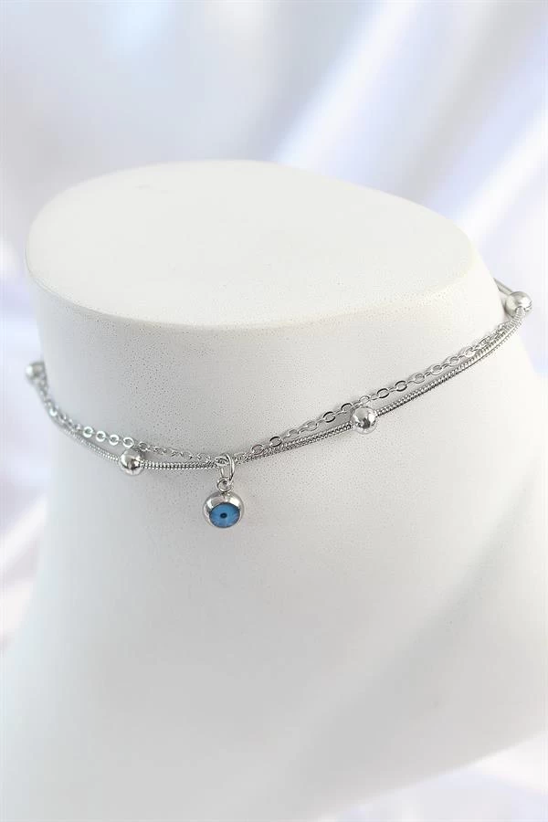 316l Çelik Gümüş Renk 2'li Zincir Model Nazar Boncuk Figür Kadın Halhal