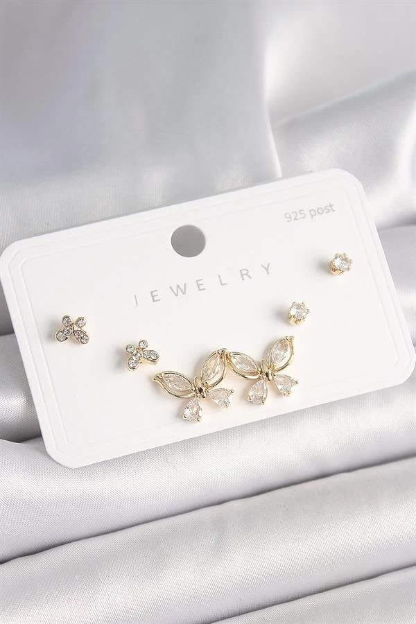 925 Ayar Çivi Gümüş Pirinç Gold Renk Zirkon Taşlı Kelebek Model Kadın Küpe Seti