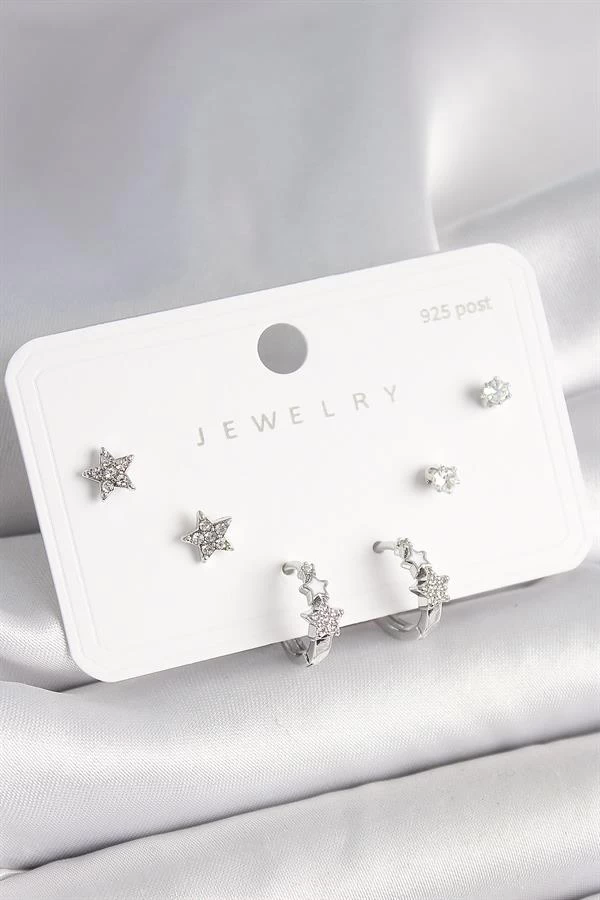 925 Ayar Gümüş Çivi Pirinç Gümüş Renk Zirkon Taşlı Yıldız Model Kadın Küpe Seti