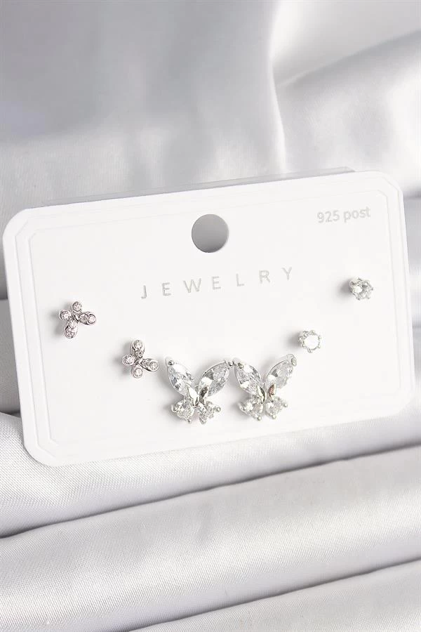 925 Ayar Gümüş Çivi Pirinç Zirkon Taşlı Kelebek Model Kadın Küpe Seti