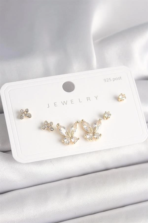 925 Ayar Gümüş Çivi Pirinç Gold Renk Zirkon Taşlı Kelebek Model Kadın Küpe Seti