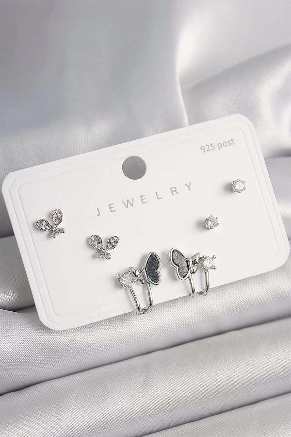 925 Ayar Gümüş Çivi Pirinç Gümüş Renk Zirkon Taşlı Kelebek Model Kadın Küpe Seti