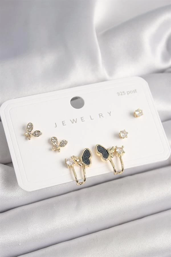 925 Ayar Gümüş Çivi Pirinç Zirkon Taşlı Kelebek Model Kadın Küpe Seti