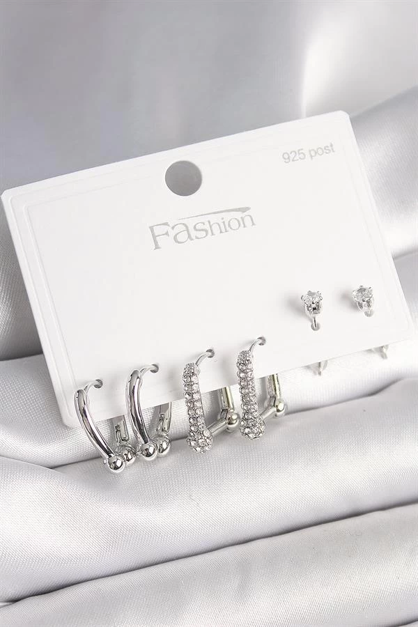 925 Ayar Gümüş Çivi Pirinç Gümüş Renk Zirkon Taşlı Tiffany Halka Model Kadın Küpe Seti