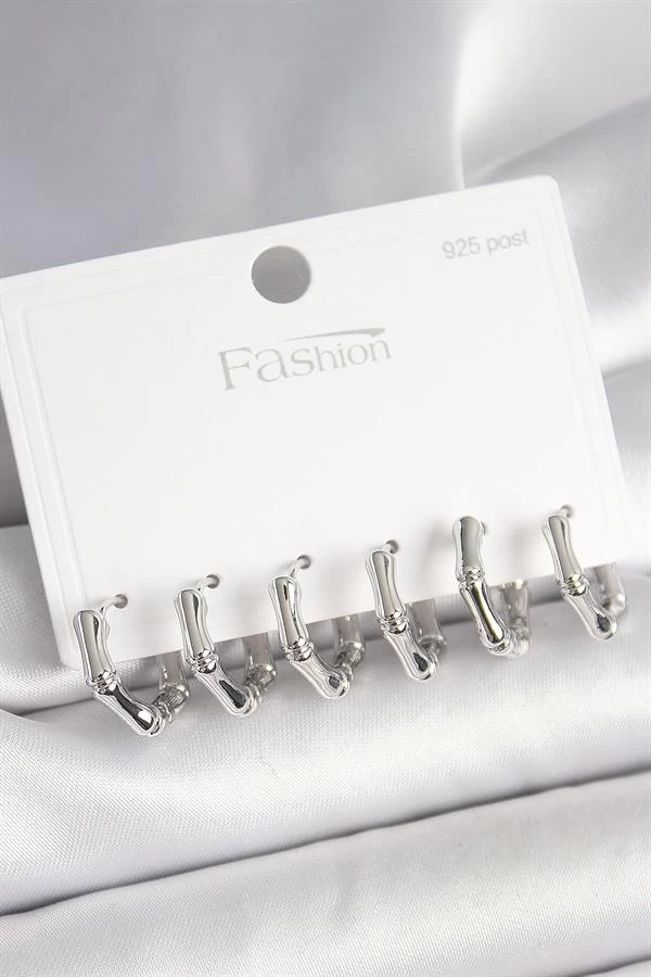 925 Ayar Gümüş Çivi Pirinç Gümüş Renk Bambu Halka Model Kadın Küpe Seti